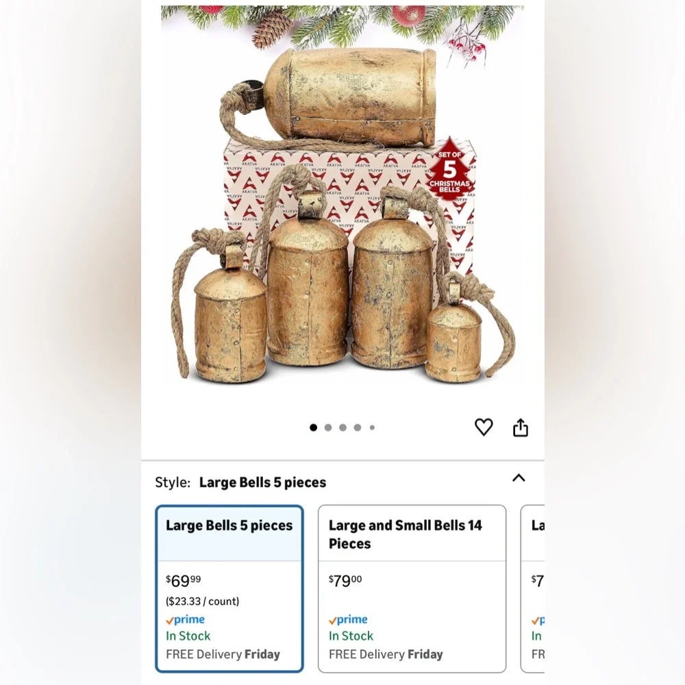 Akatva Large Brass Cow Bells 
Rustic Christmas Decor 5 pc Set
Vintage Gold Bells - Picture 9 of 12